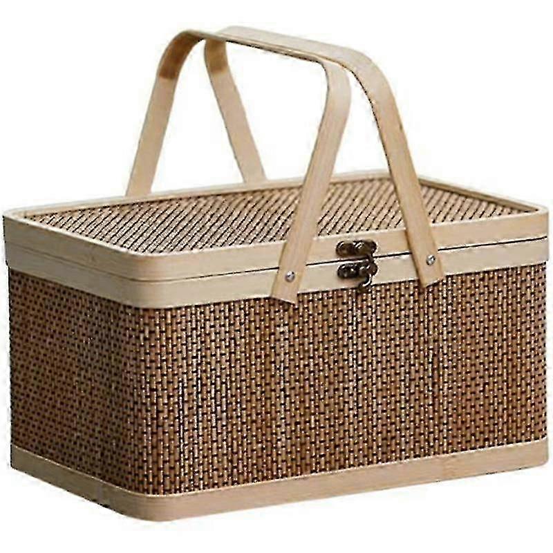 Bamboo Basket Natural -Friendly Woven Basket Bamboo Picnic Basket with Lid Handheld Snacks Bread St