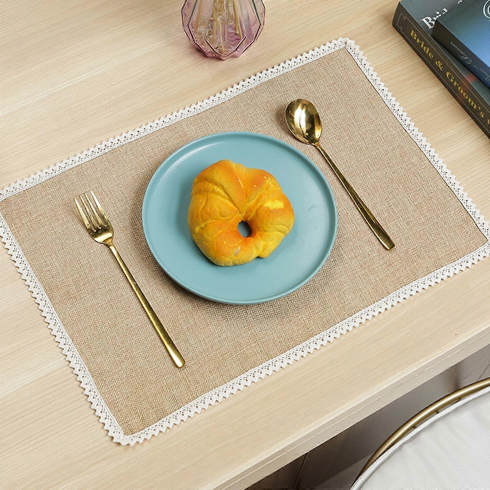 Washable Modern Square Table Set of 4, Polyester Placemat Christmas Vintage Faux Linen Lace Border AntiSlip, 30x45CM