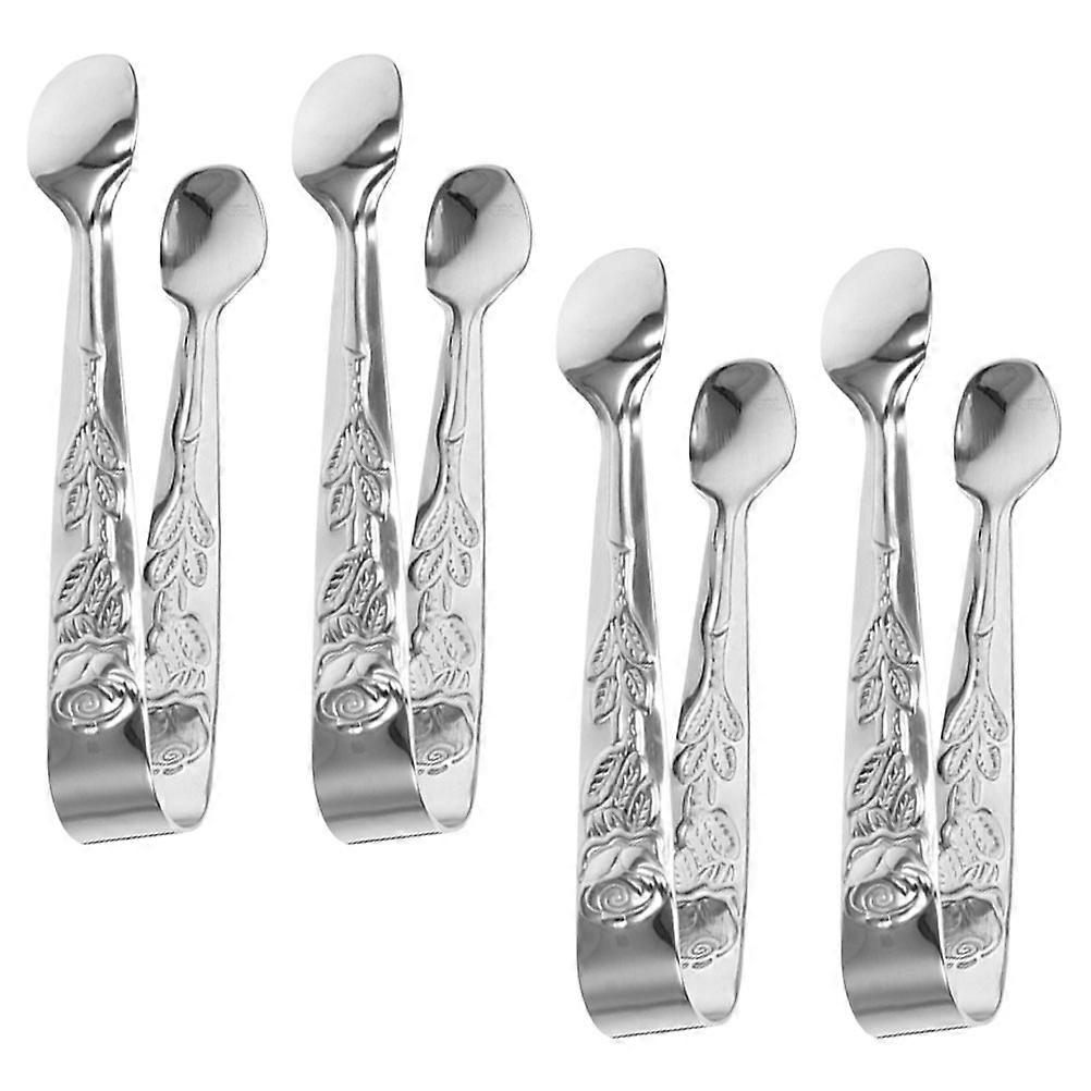 Stainless Steel Decorative Rose Embossed Tongs Set 4pcs Food Grade Kitchen Tools for Ice Cubes, BBQ, Pastry Serving at Buffets & Parties