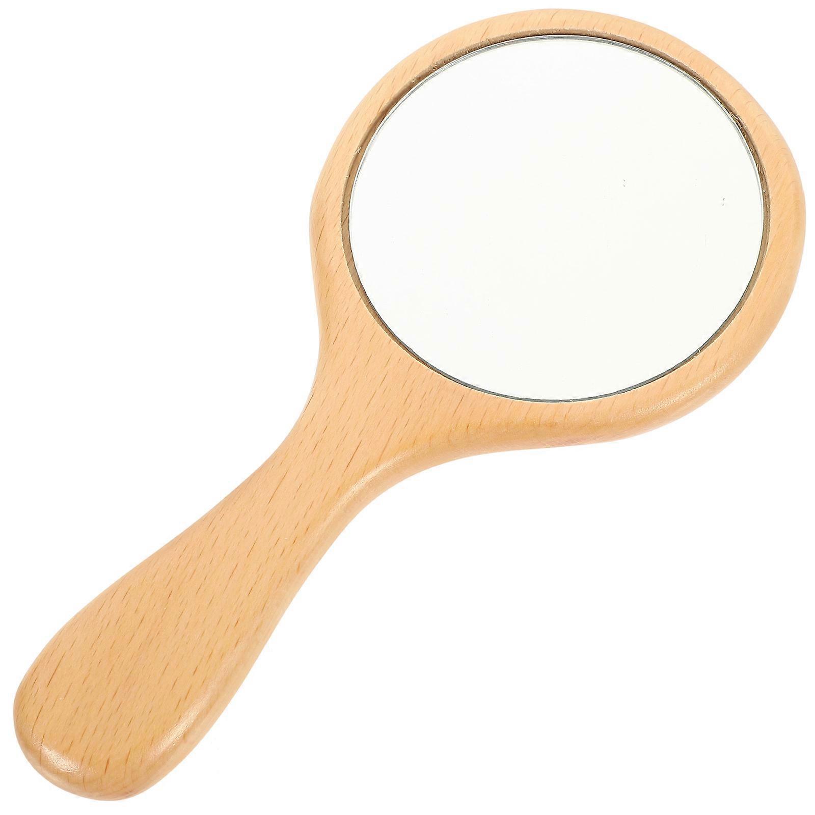 Khaki Hand Mirror with Wooden Handle for Makeup a Clear Look Safe Material 6.3 Inches