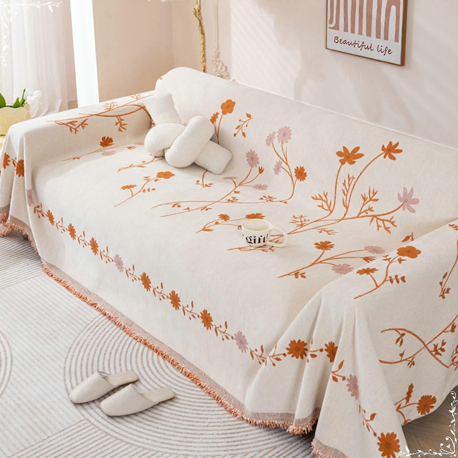 Sofa cover throw orange, chenille couch blanket with floral branches, sofa cover for 3seater (180x320cm)