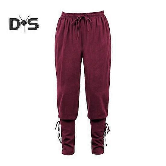 Men Pants Medieval Vikings Pirate Ankle-banded Lace-up Strap Elastic Waist Pleated Loose Solid Color Cropped Trousers Cosplay Performance Costume