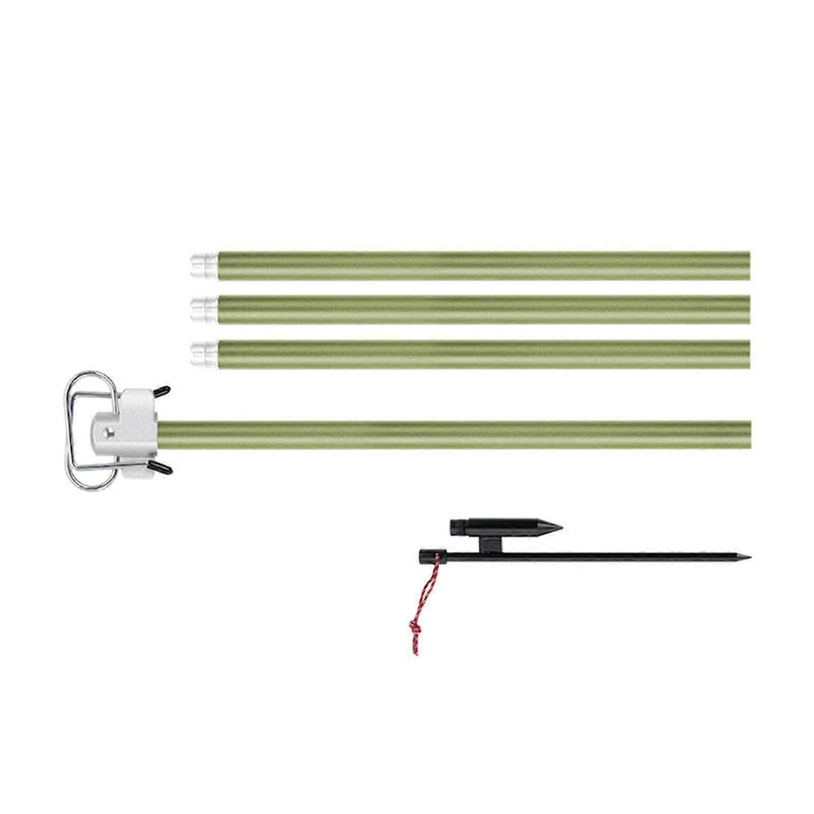 Adjustable height camping hanging pole made of aluminum, tent light holder with double hook design and green ground stakes