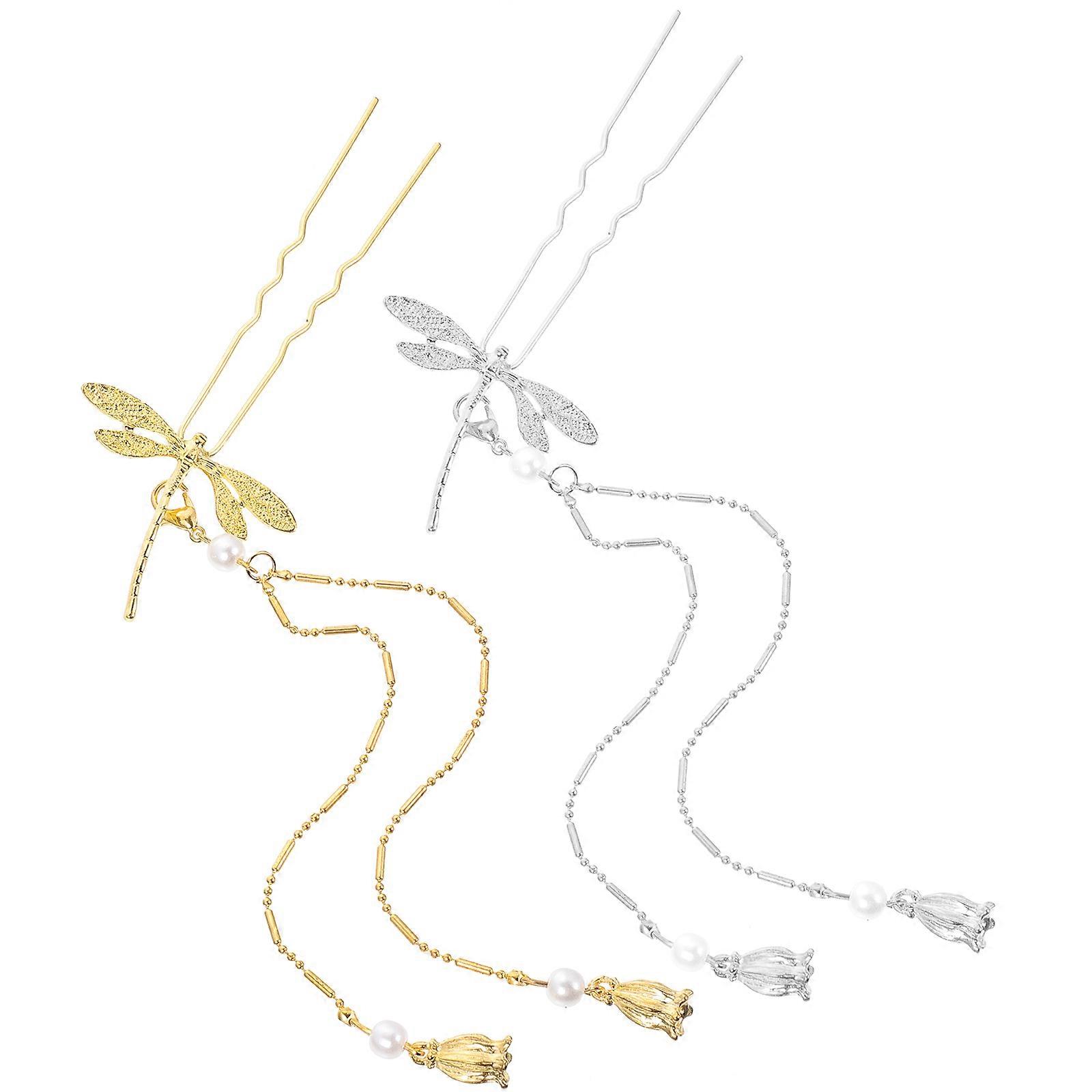 4 Pieces Assorted Color Dragonfly Hair Forks U Shape Alloy Hairpins for Women