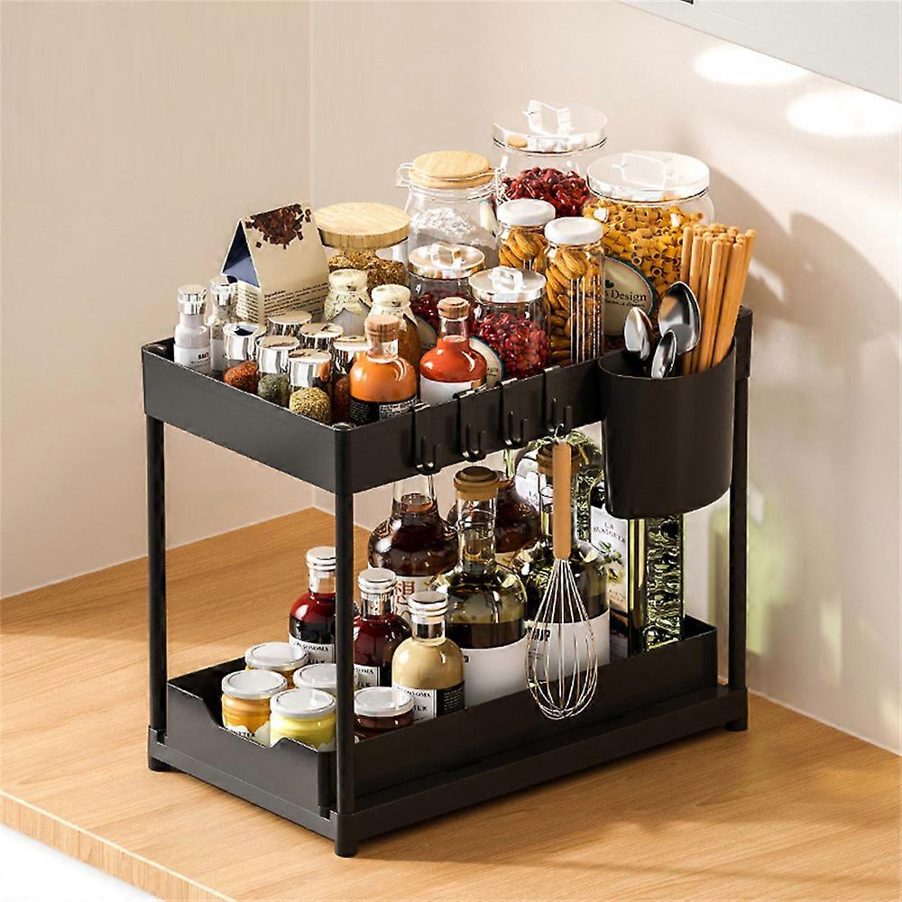 TKdaddy Under Sink Organizer with Hooks 2-Tier Pull-Out Kitchen Storage Rack Drainer Shelf Black