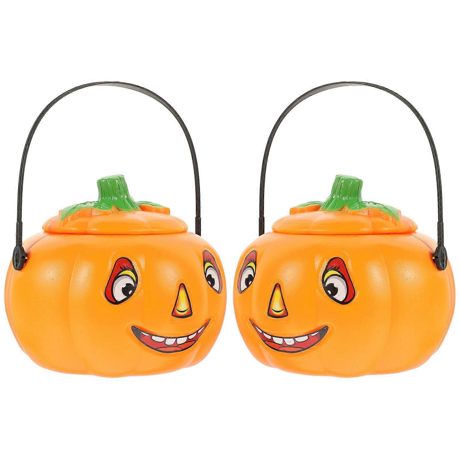 Pumpkin Light Bucket 2Pcs Orange Candy Storage Bucket For Trick Or Treat Evenings 5.1×5.1×4.3in Halloween Essential