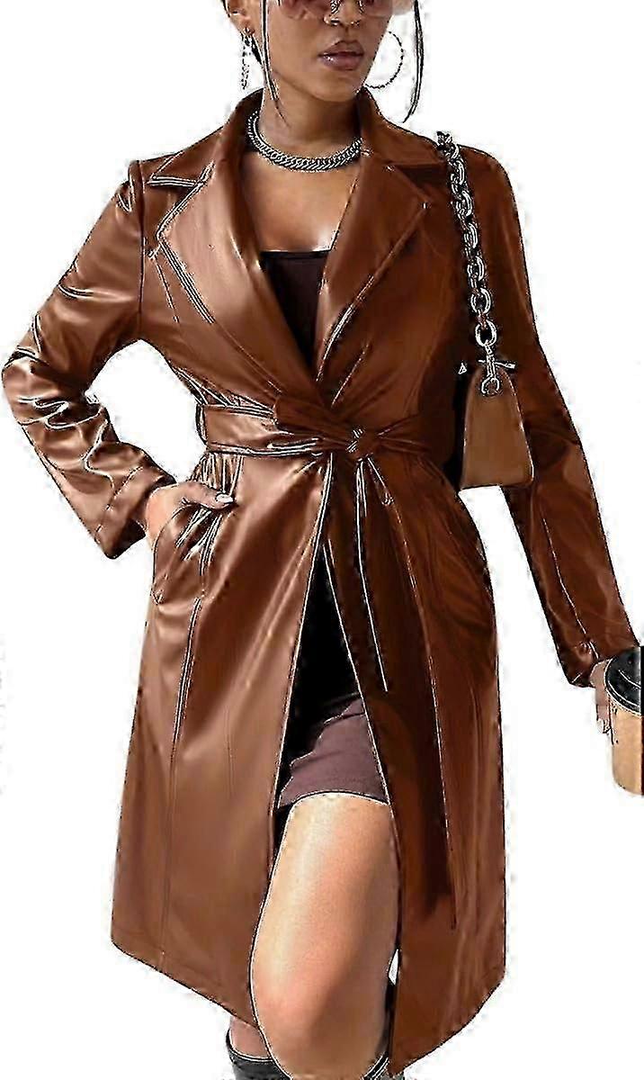 Trenchcoat i konstläder för kvinnor: Öppen framsida, långärmad, Pu-kavaj i Biker-stil med bälte och slag.