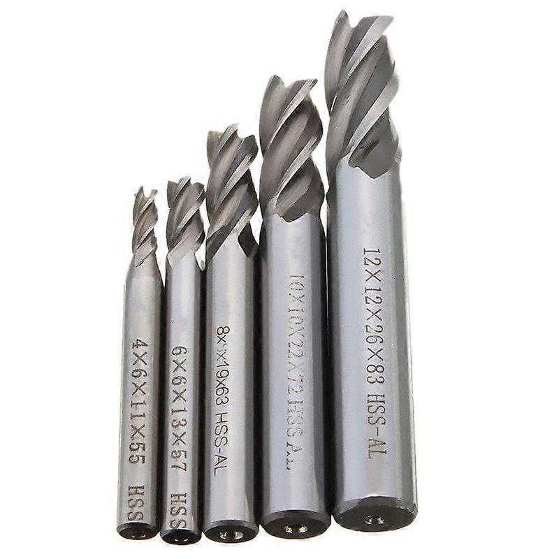 5Pcs/Set Straight End Cutter 4 Flute Hss Drill Bit 4/6/8/10/12Mm For Milling Tool