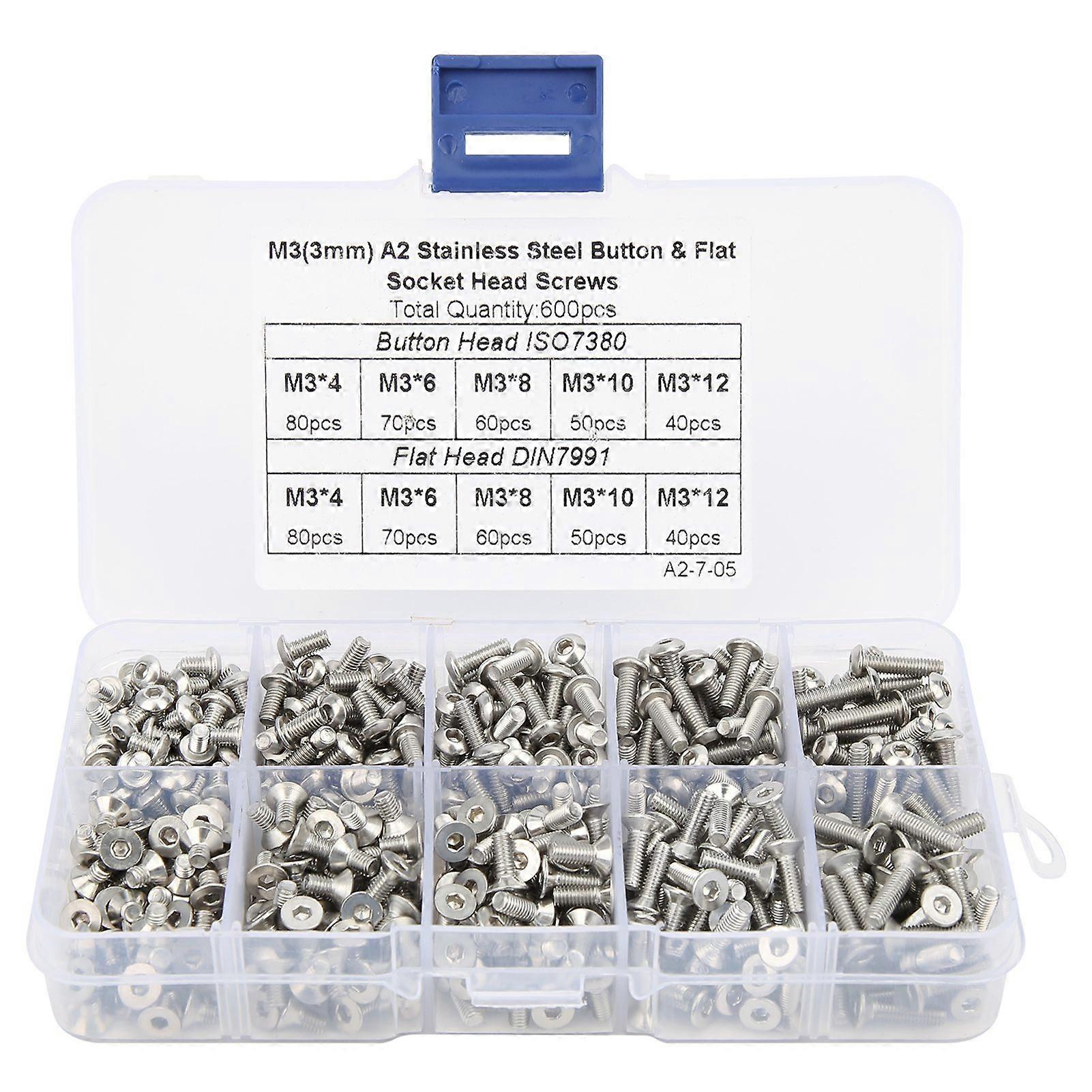 600pcs 304 Stainless Steel Hex Socket/Flat Head Screws Set Hardware Accessories Kit