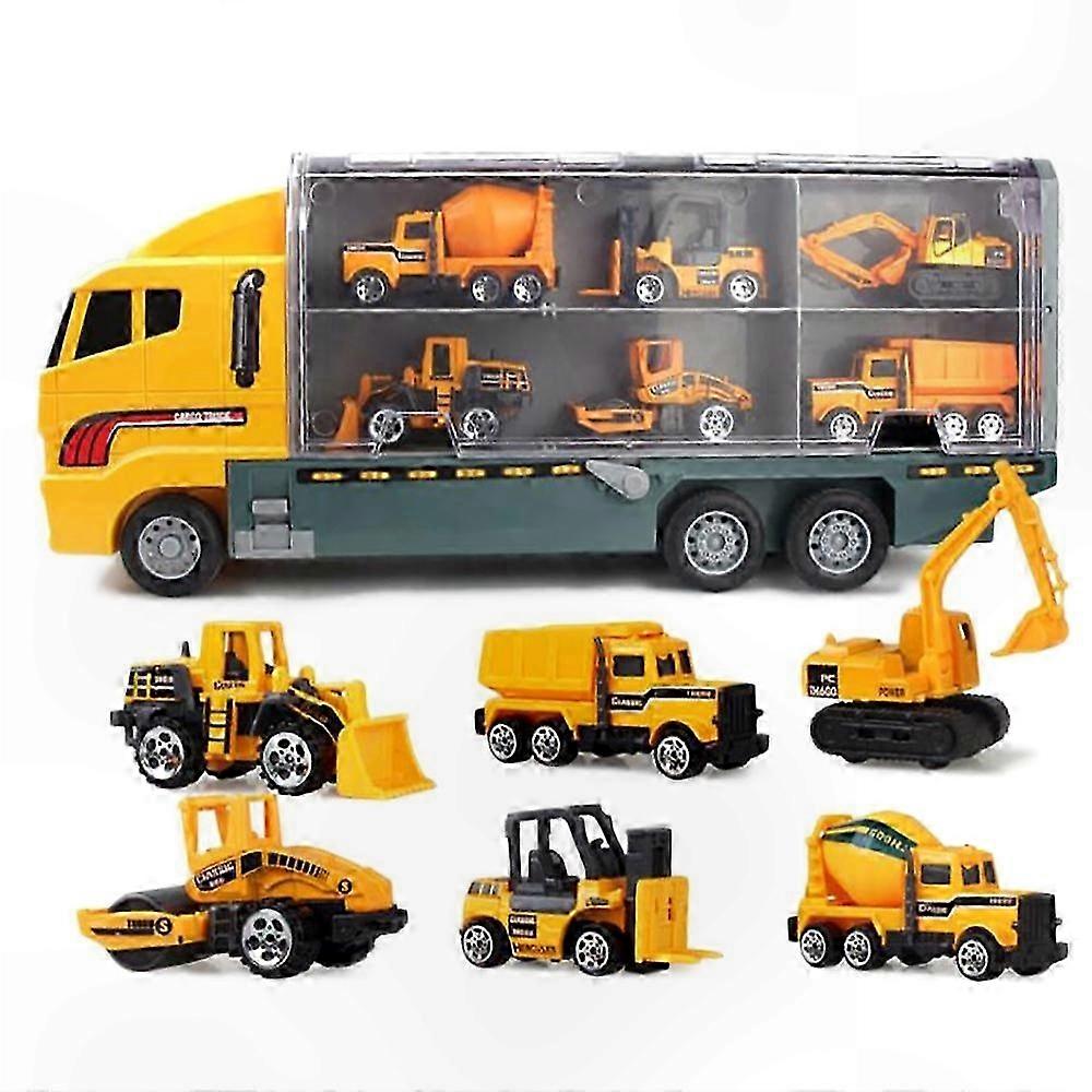 7-in-1 Toy Truck Set with Mini Vehicles and Figures for Kids - Big Carrier Playset Includes Die-Cast Trucks