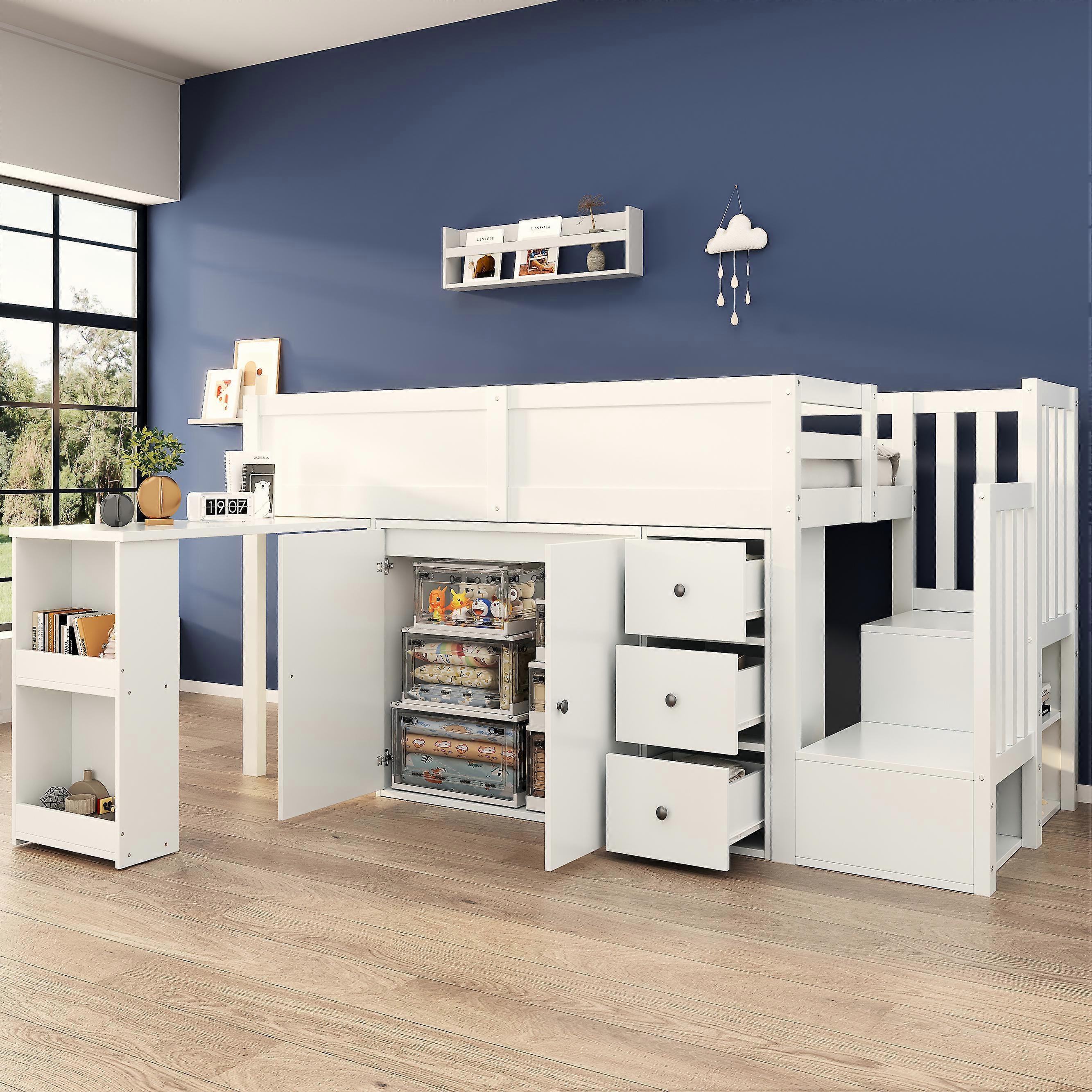 Wood Composite Storage Shelf High Bed Frame No Stairs Mattress White