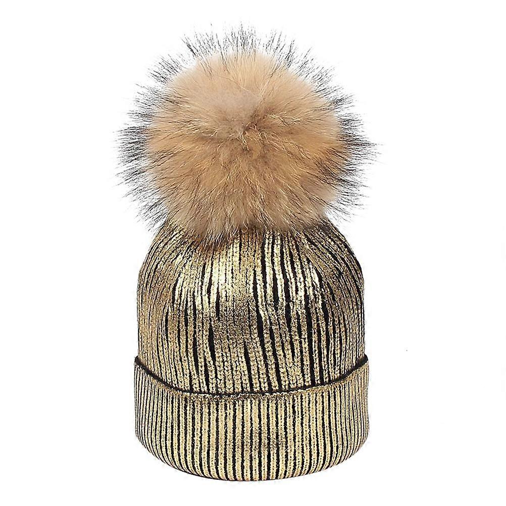 Women Beanie Hats Metallic Shiny Pom Pom Golden Beanie for Fall