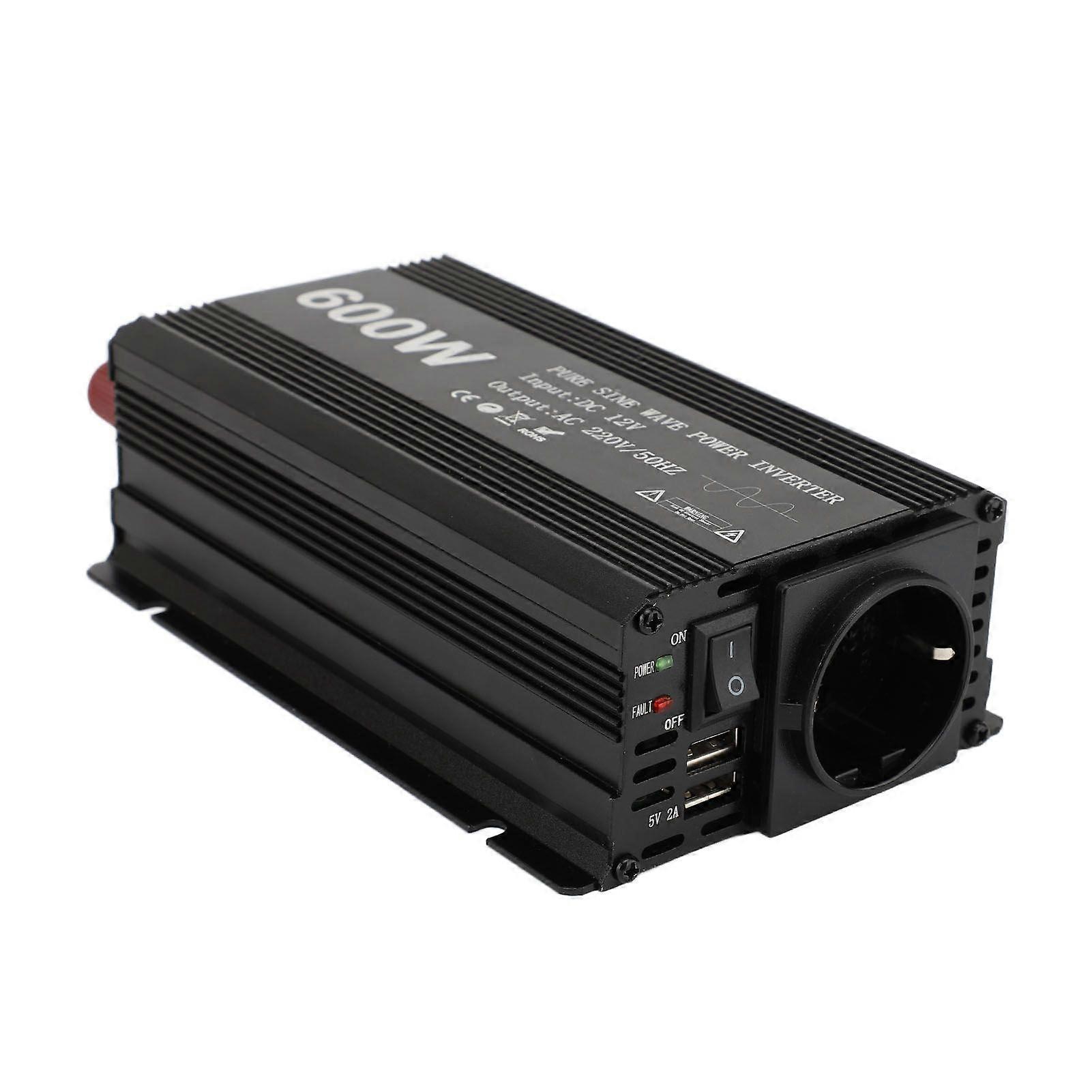 600W Power Inverter Pure Sine Wave Portable DC to AC Converter for Car Use 12V Input Aluminum Alloy 220V EU Plug