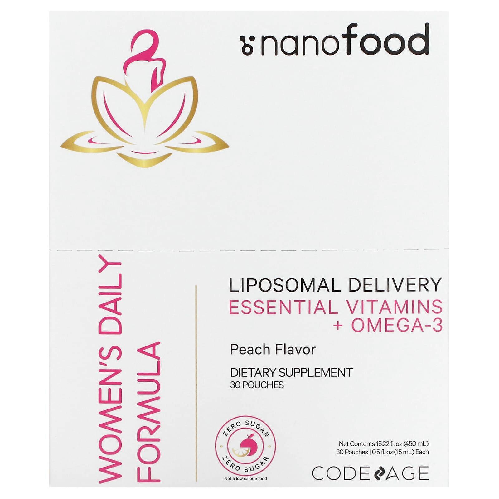 Nanofood, Women's Daily Formula, Liposomal Delivery, Essential Vitamins + Omega-3, Peach, 30 Pouches, 0.5 fl oz (15 ml) Each
