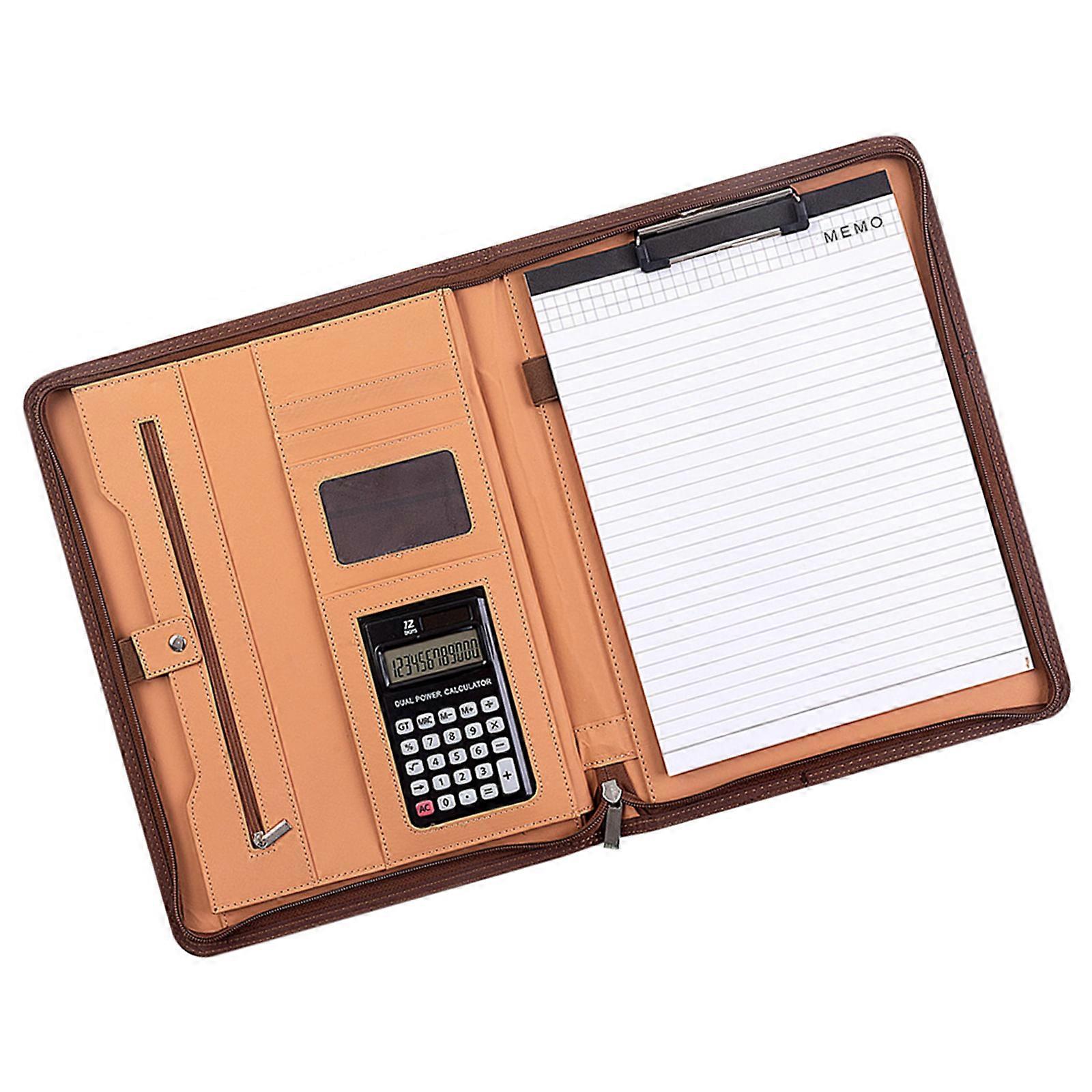 Professional Business Document Organiser Clipboard Leather Conference Folder with 12 Digit Calculator and Notepads  brown