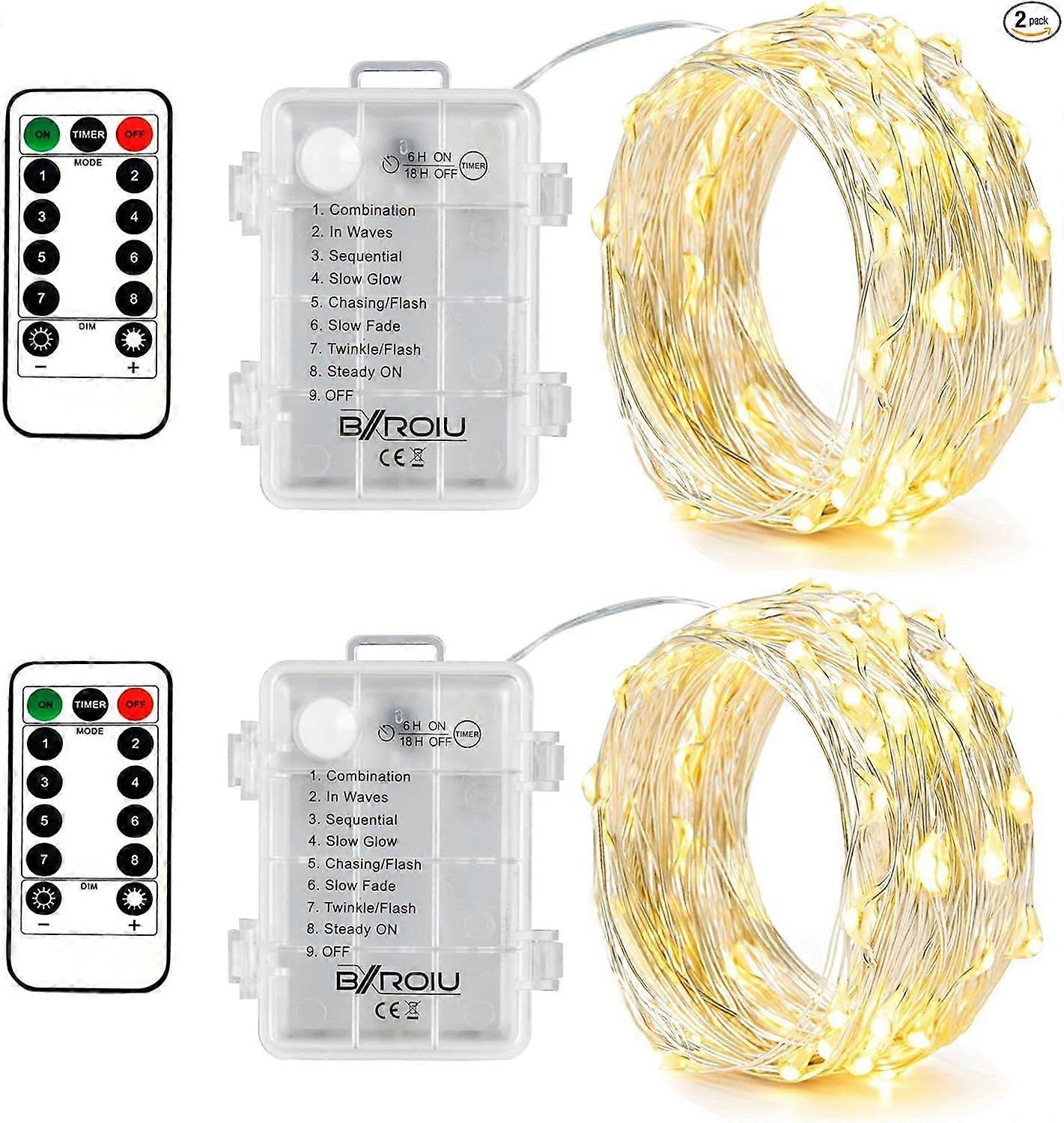2 x Fairy Lights Battery Operated,Silver Wire Chains 8 Mode 16Ft/5Meter 50 LEDs Timer String Lights with Remote Control for Bedroom Christmas Party We