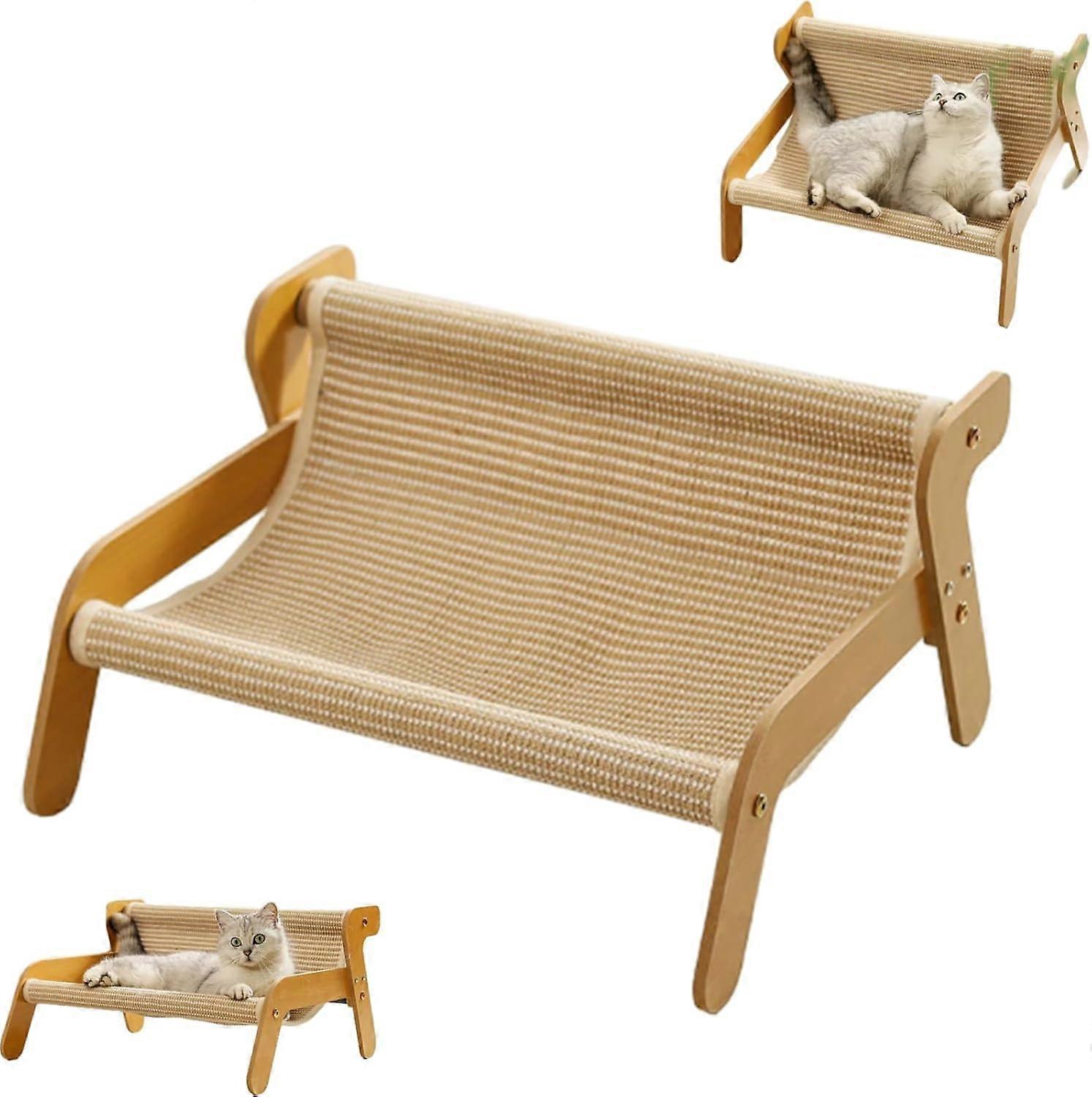 2 in 1 Cat Hammock Bed with BuiltIn Sisal Scratcher, Elevated Wooden Lounge Khaki Linen Style