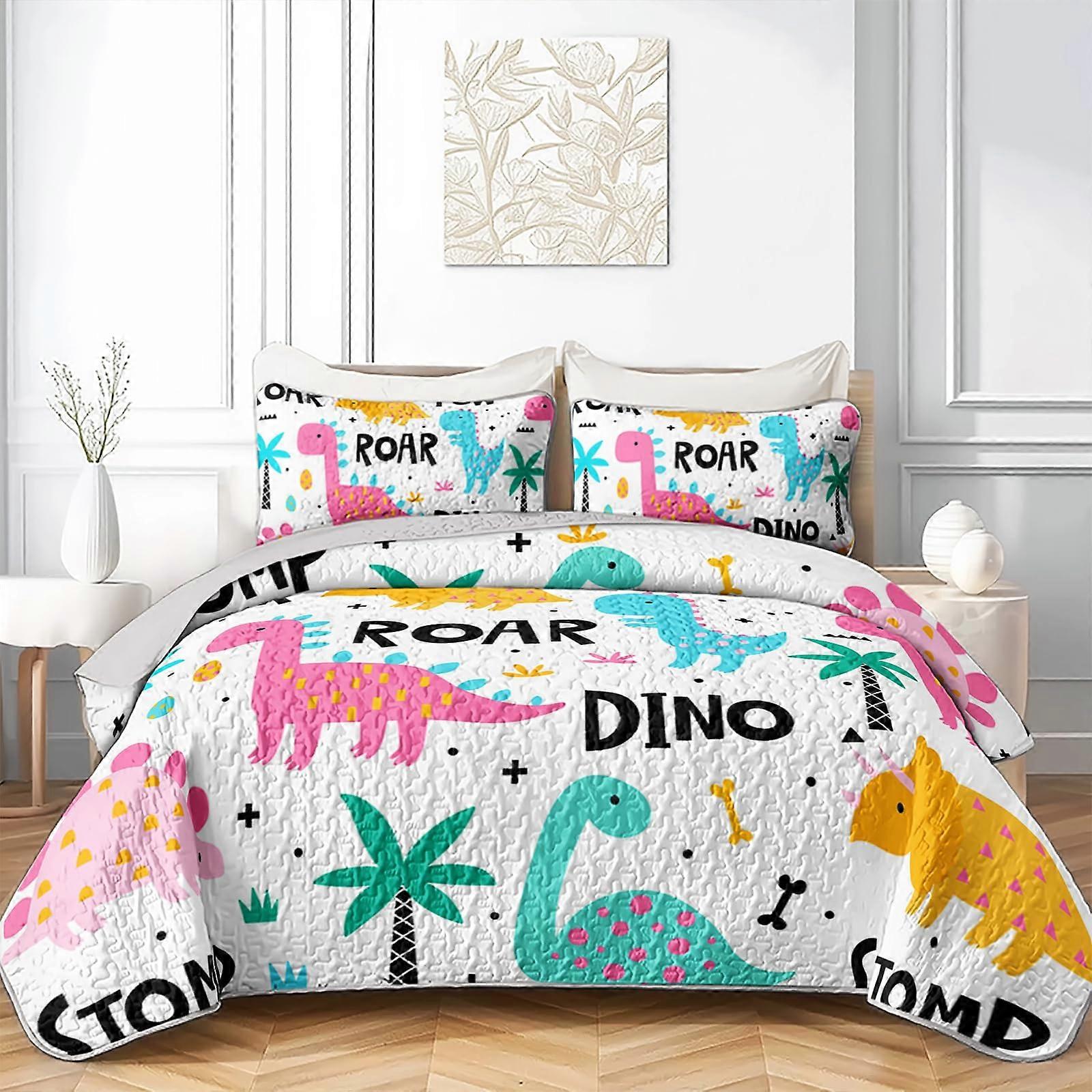 Dinosaur Quilt Set Queen Size for Kids with Vibrant Design, Soft Lightweight AllSeason Bedspread