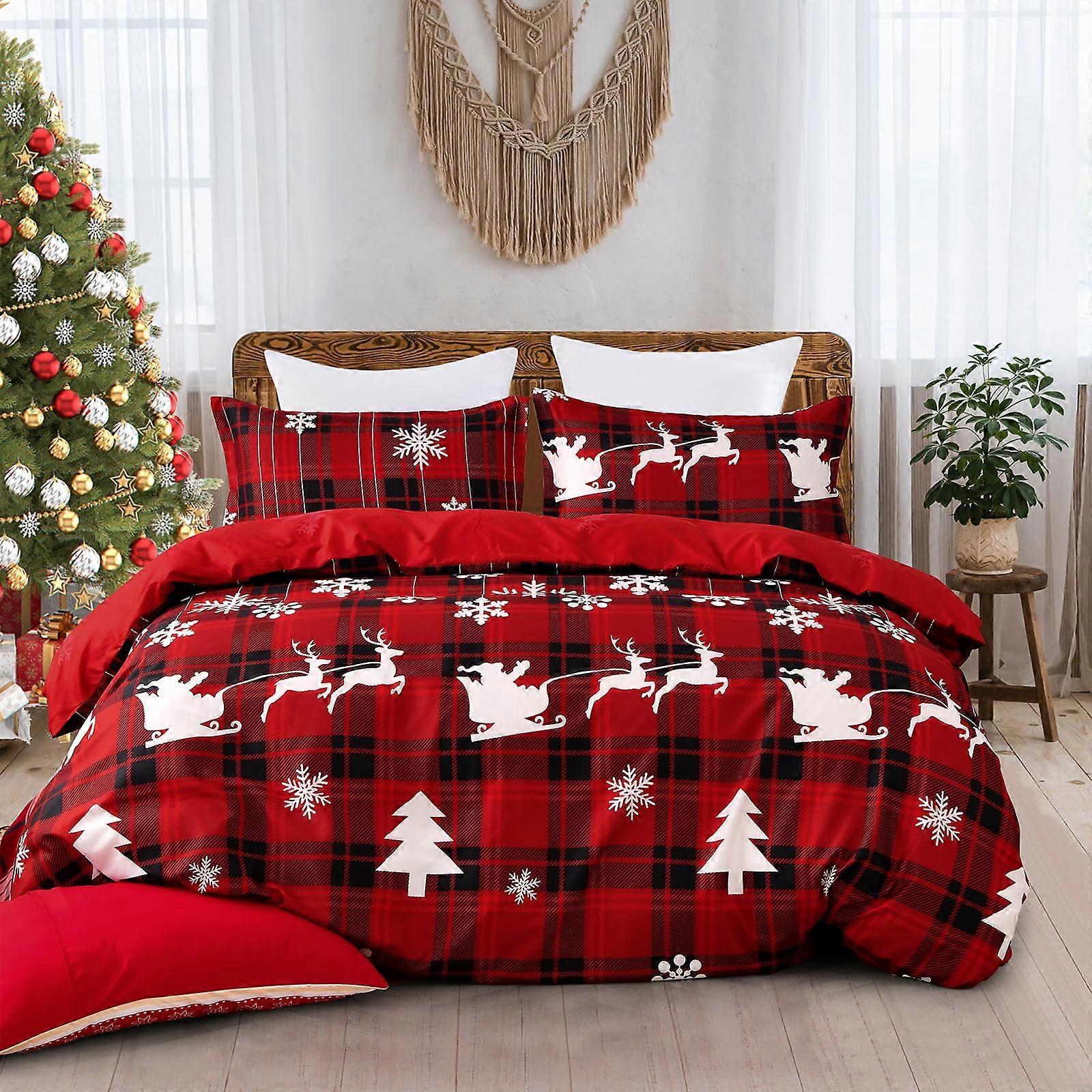 King Size Christmas Duvet Cover Set Red Buffalo Plaid Bedding Soft Microfiber with Zipper and Ties