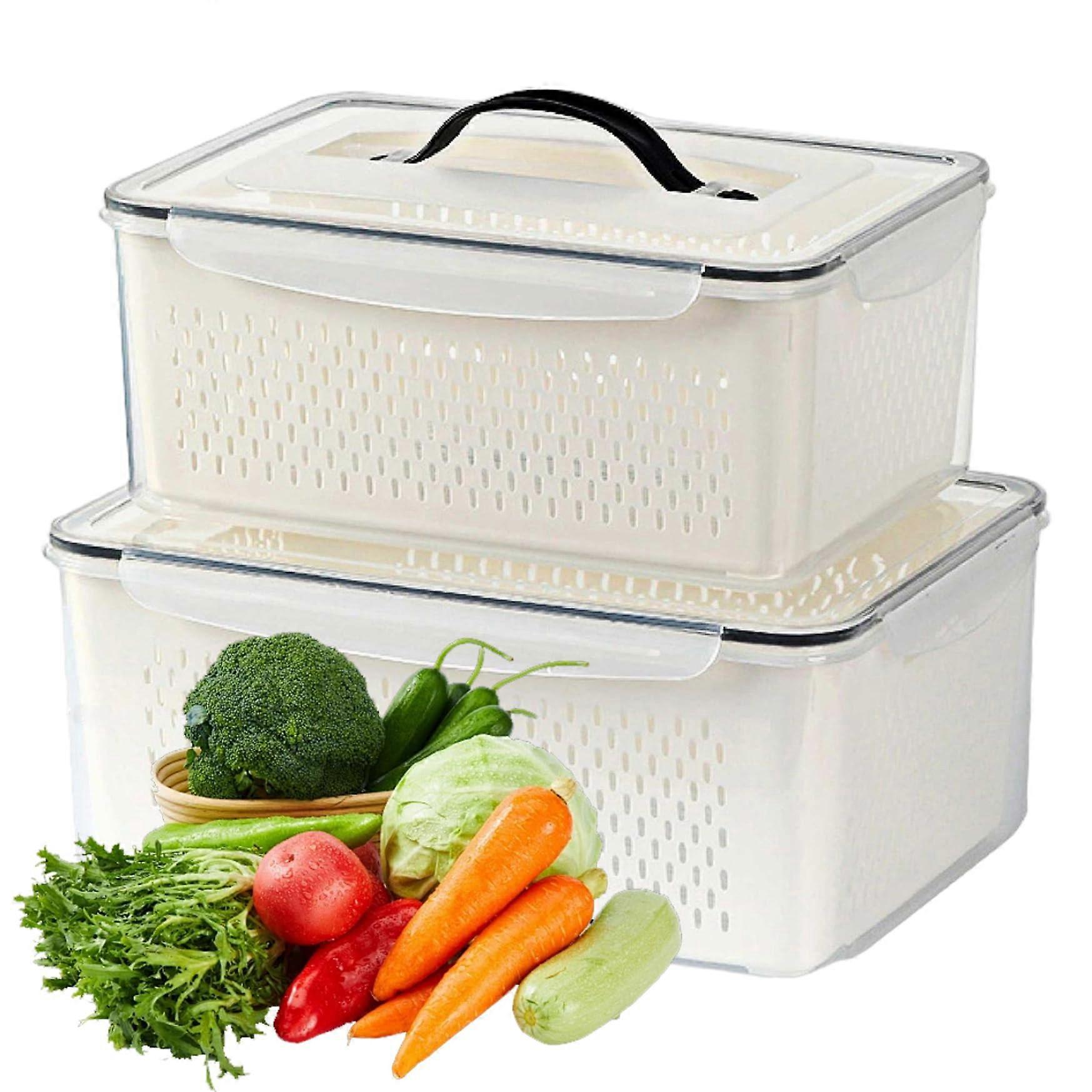 2Pcs Fruit and Vegetable Storage Containers for Fridge, 4.5L and 7L Stackable BPA Bins with Removable Colander