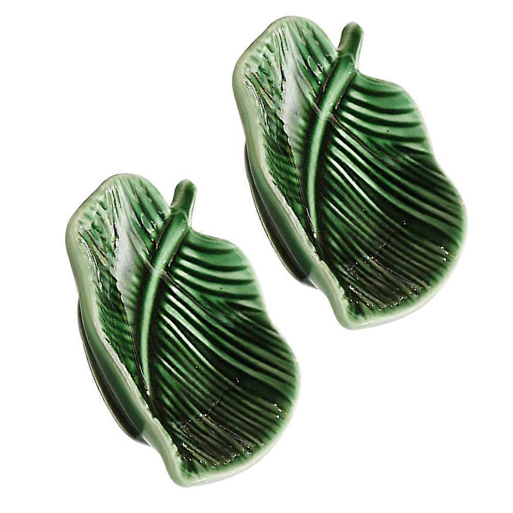 Green Ceramic Leaf Shape Plate for Storage Use 2Pcs Jewelry Organizer Tray