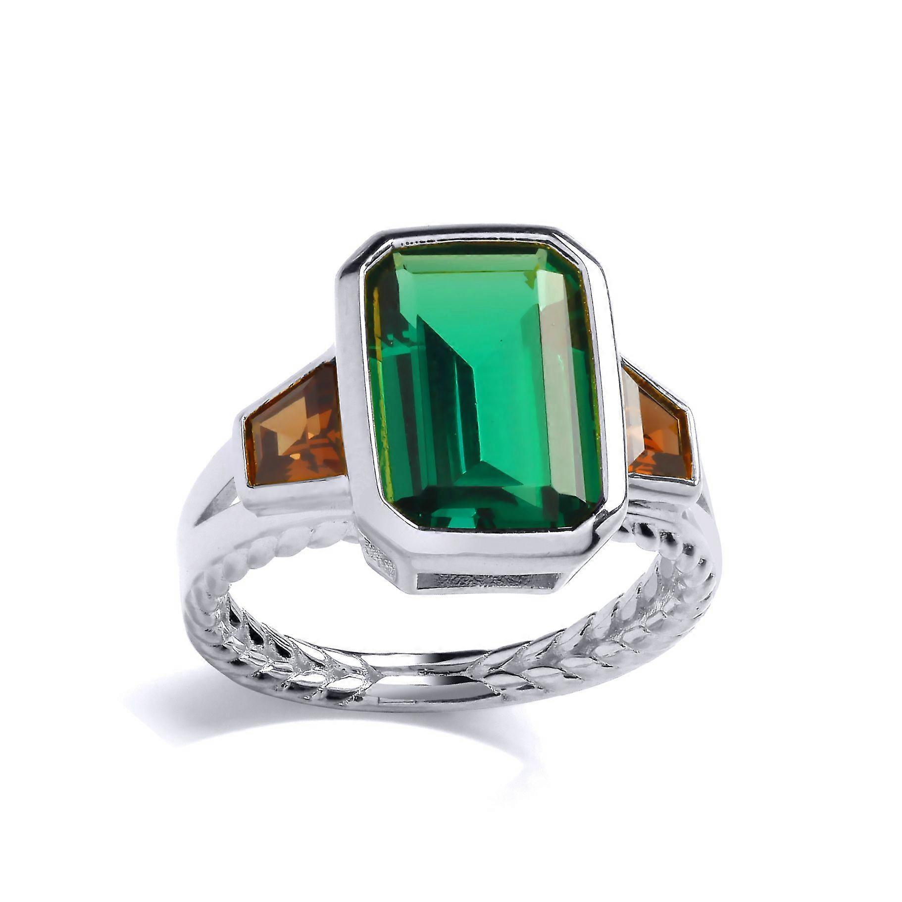 Jewelco London Ladies Sterling Silver Green Brown Emerald Trapezoid CZ Rope Edge Bezel Solitaire Art Deco Cocktail Ring