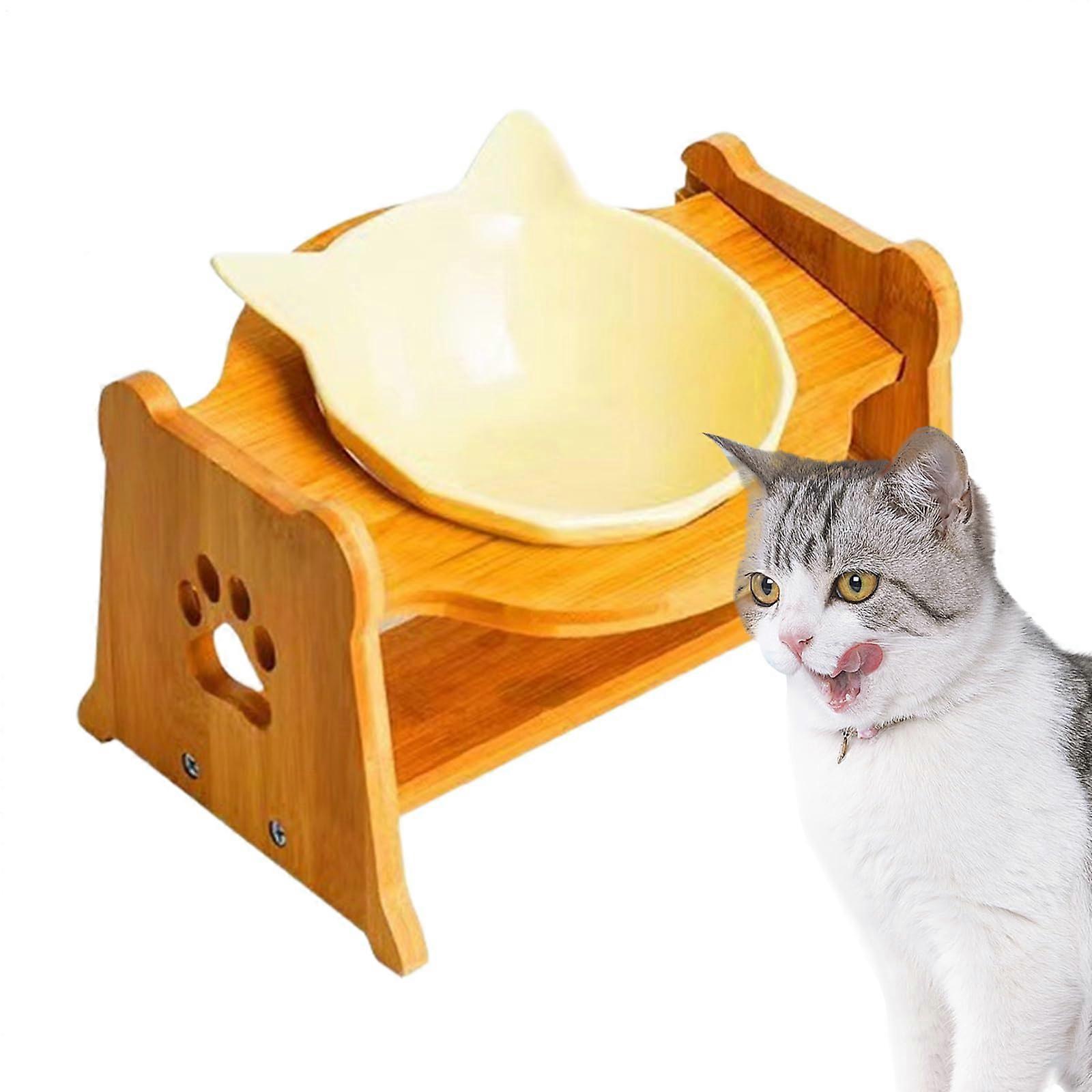 Raised Ceramic Cat Bowl with Stand, AntiVomiting Tilted Design, Bamboo Frame, Pure Yellow