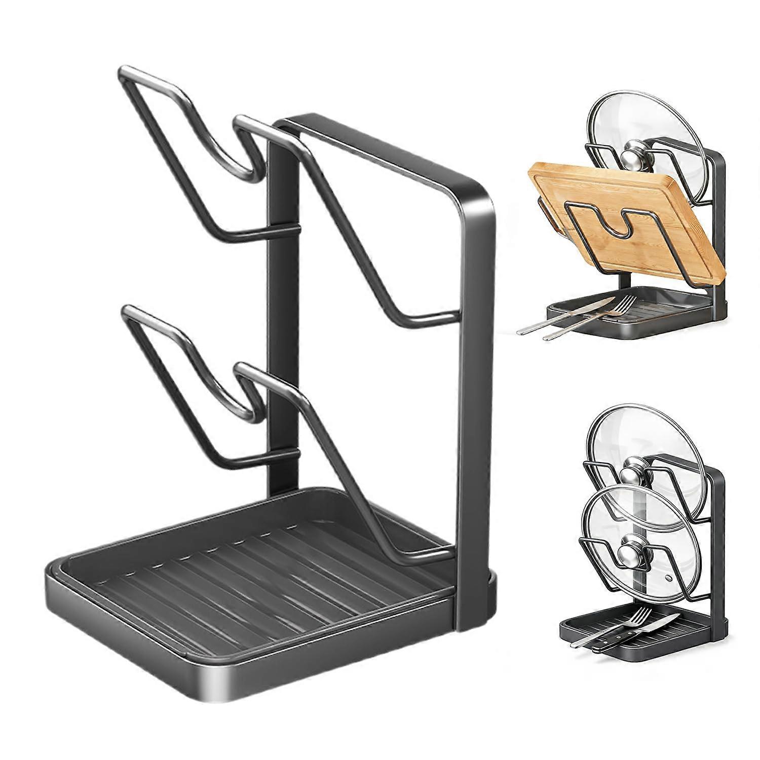 Adjustable Pot Lid Holder with Drip Tray, Vertical Pan Organizer for SpaceSaving Kitchen Storage