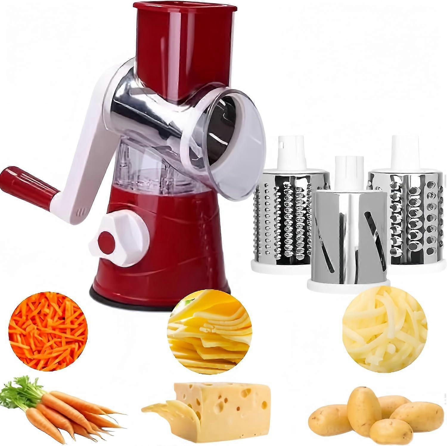 Manual Rotary Cheese Grater with 3 Replaceable Blades and NonSlip Suction Base for Kitchen