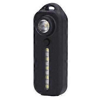 Schouderlamp met vijf lichtstanden, bediening met één knop, USB-opladen, IPX3-bescherming.