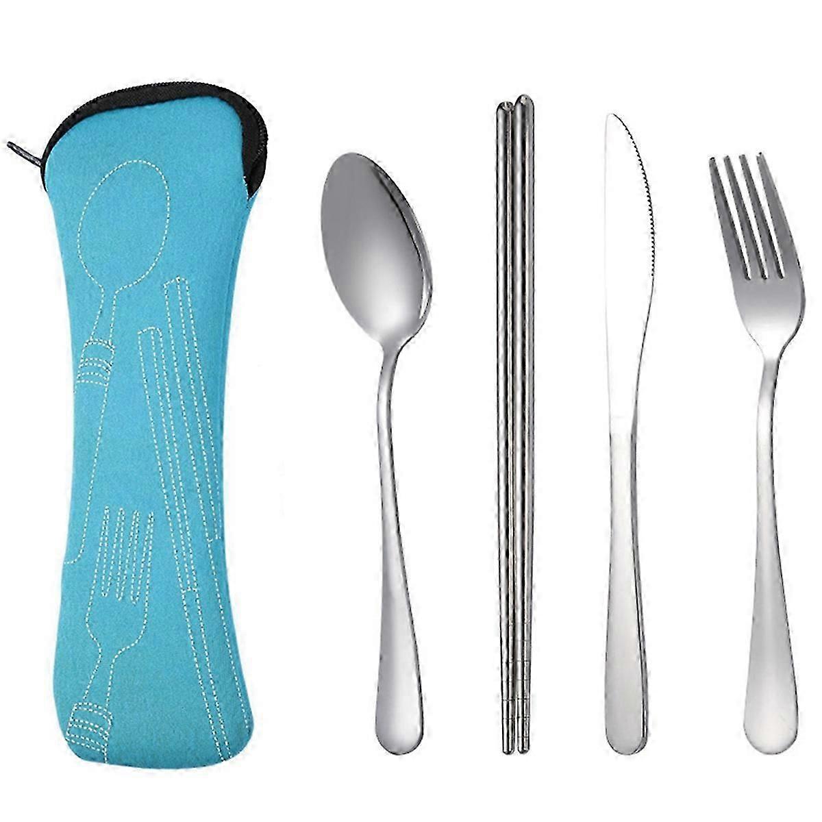 4Pcs Set Dinnerware Portable Spoon compatible fork Steak Knife Set Light Blue