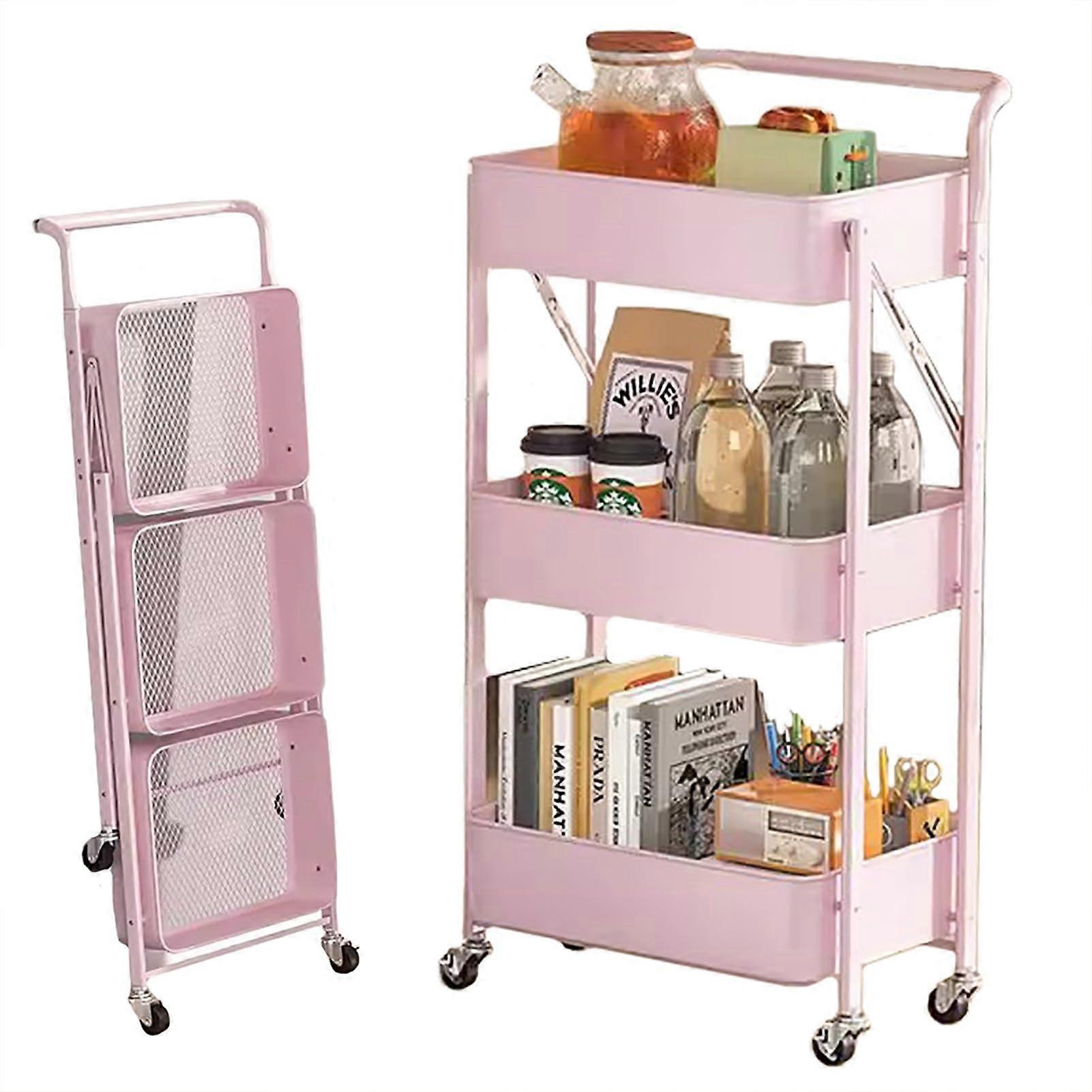 3 Tier Stackable Snack Organizer Pink Foldable Storage Basket with Wheels for Kitchen Pantry