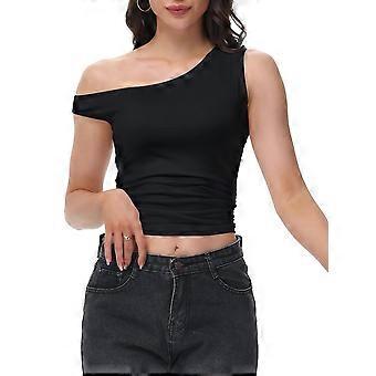 Dames crop top met één schouder en plooien, casual off-shoulder top met gedraaide bandjes, zomerse tanktops, crop tops voor een avondje uit.