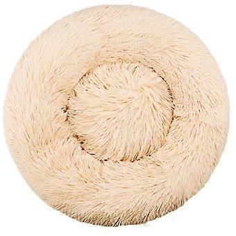 Rundes, flauschiges Haustierbett, maschinenwaschbar, warm für Herbst und Winter, Katzen- und Hundebett in einem. Sandbeige.