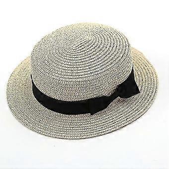 Womens Beach Bowler Straw Boater Hat Round Flat Caps Wide Brim