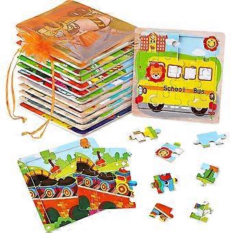 12 Pack Wooden Jigsaw Puzzles for Toddlers 2 3 4 5 Years Old, Party Favors Transportation Jigsaw for Kids, Educational Puzzles Travel Toy with 12 Orga