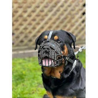 Strong Wire Metal Basket Dog Muzzle for Rottweiler, Mastiff, Golden Retriever & Other Breeds (R1, Black/Black Leather)