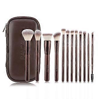 12Pcs Makeup Brush Set with Brown PU Bag, Soft Synthetic Fiber Cosmetic Tools Kit