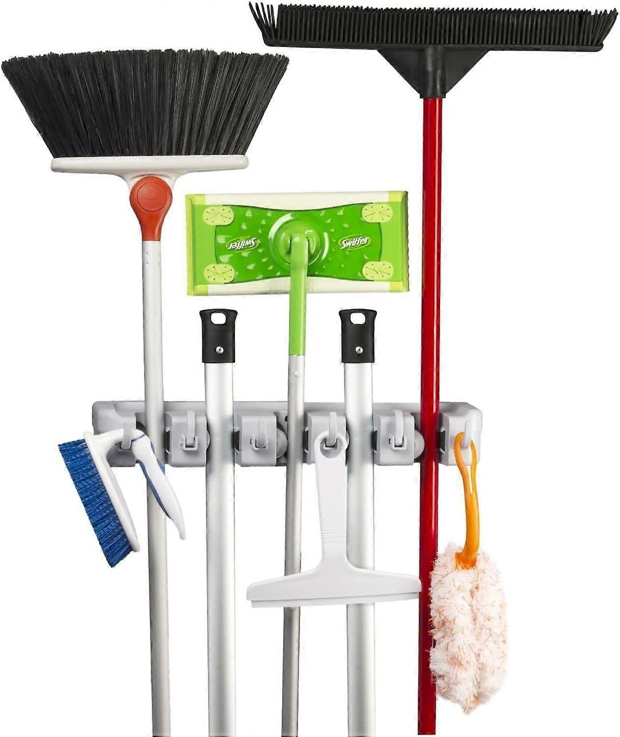 Wall-Mounted Broom Holder with 5 Slots and 6 Multi-Task Hooks