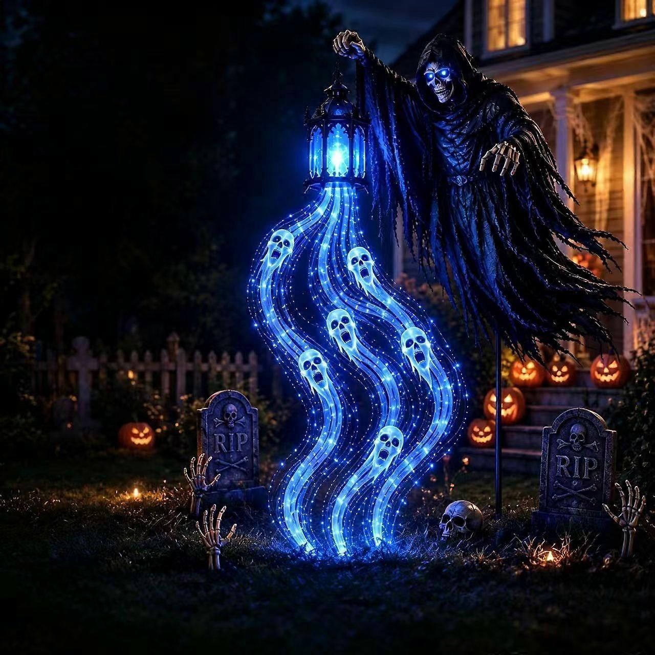 Halloweenská dekorace s duchy a světlem