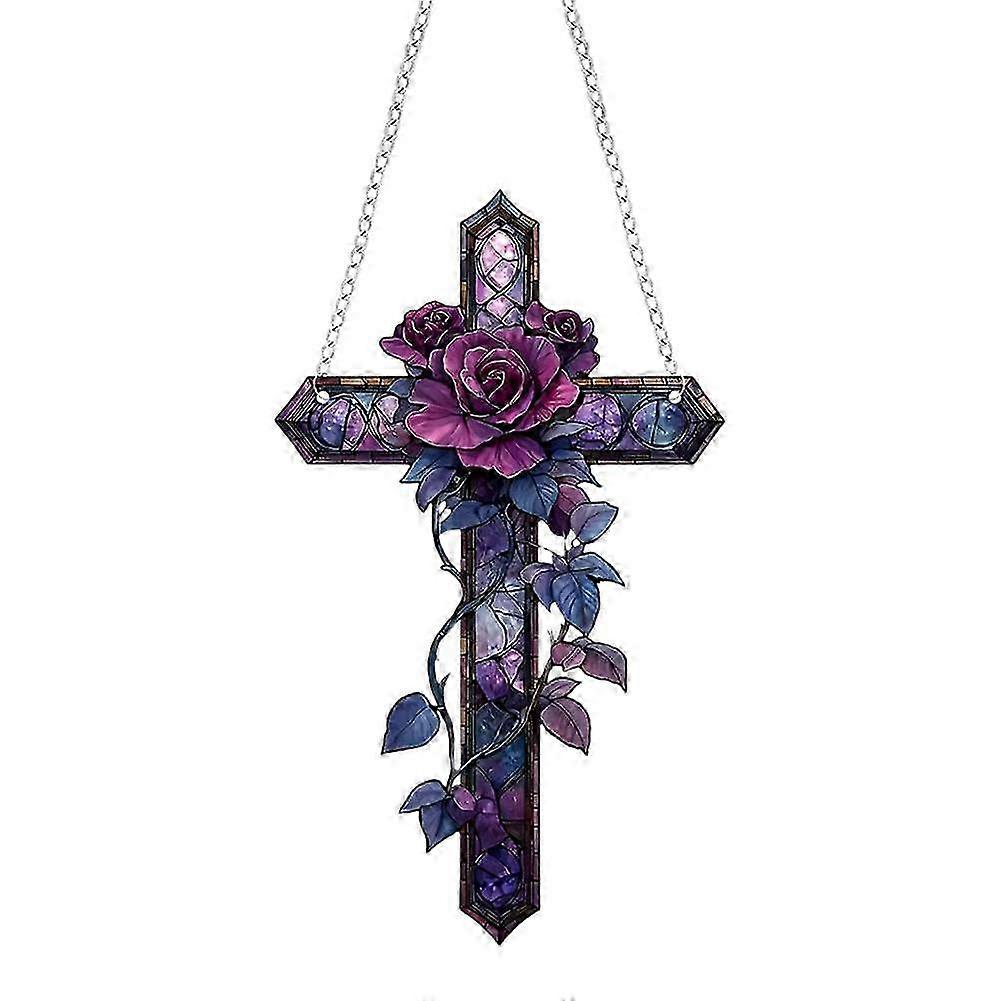 Purple Rose Cross Window Suncatcher