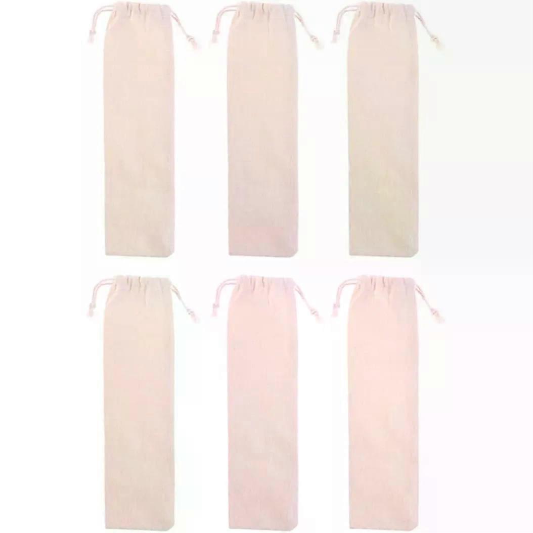 6pcs Cotton Linen Drawstring Straw Pouch and Use Beige