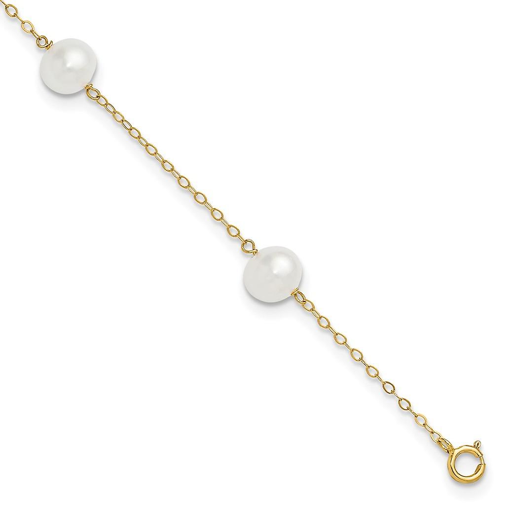 14k Solid Gold 7 8mm White Near Round Fw Cultured Pearl 5 station Anklet-Anklet for Women - Length: 9 to 10