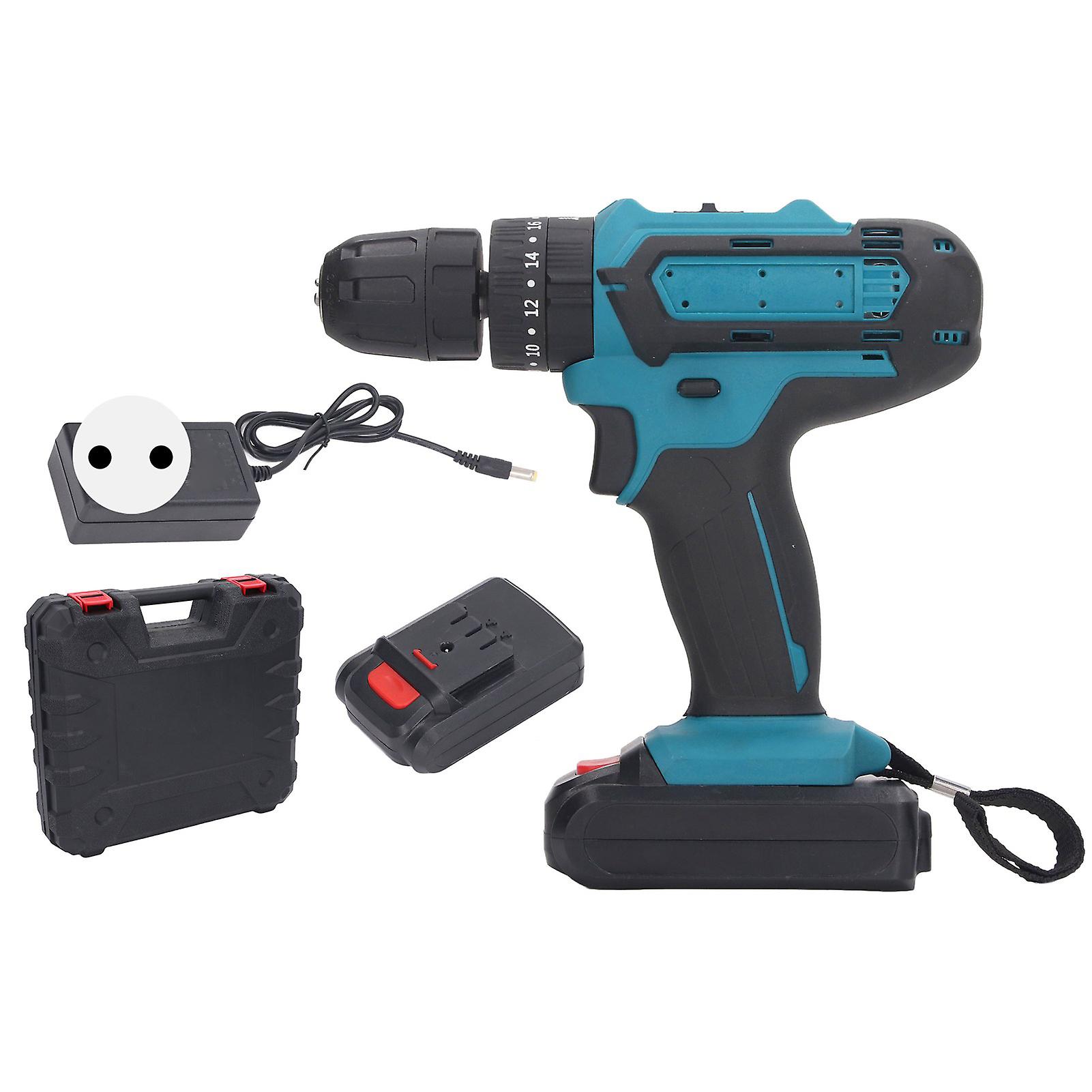 Accuboormachine 2 versnellingssnelheid 3/8 24 UNF Keyless Chuck draagbare handboormachine met 2 batterijen AC100240V EU-stekker