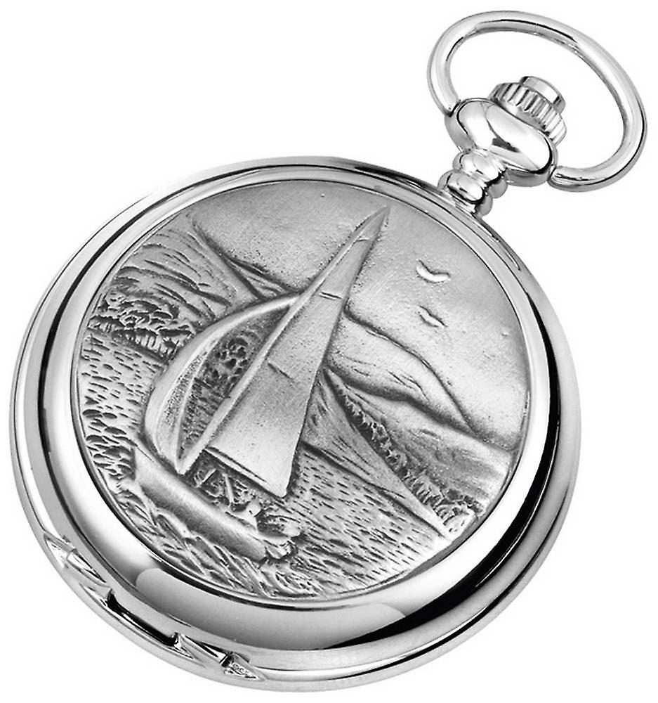Woodford Sailing Chrome Plated Double Full Hunter Skeleton Pocket Watch - Silver
