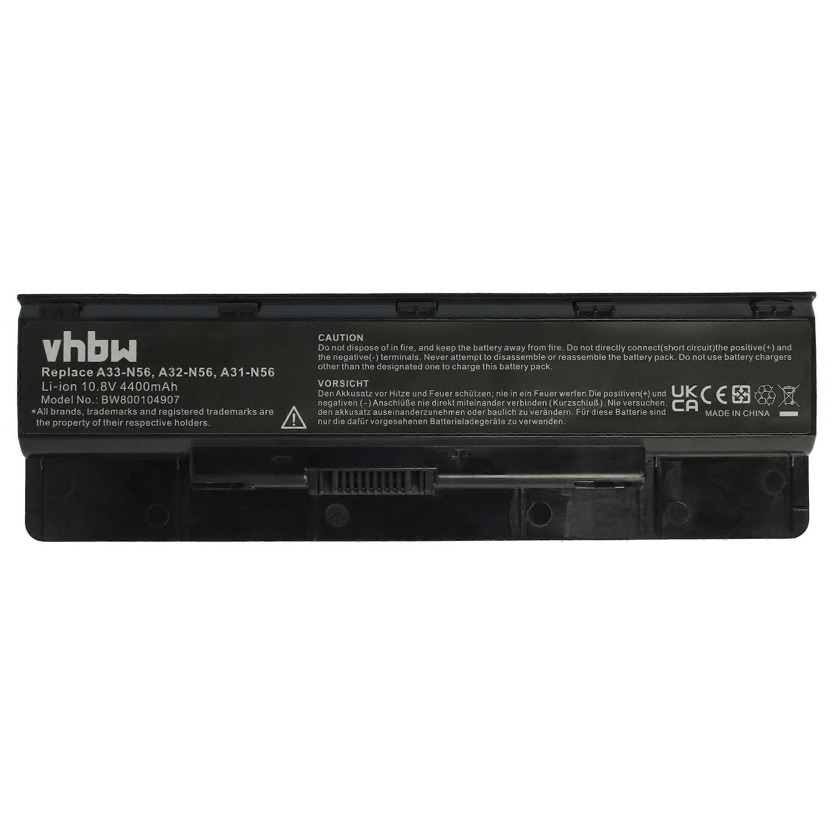 vhbw Batteribyte för Asus A32-N56, A31-N56, A33-N56 för bärbar dator (4400mAh, 10.8V, Li-ion)