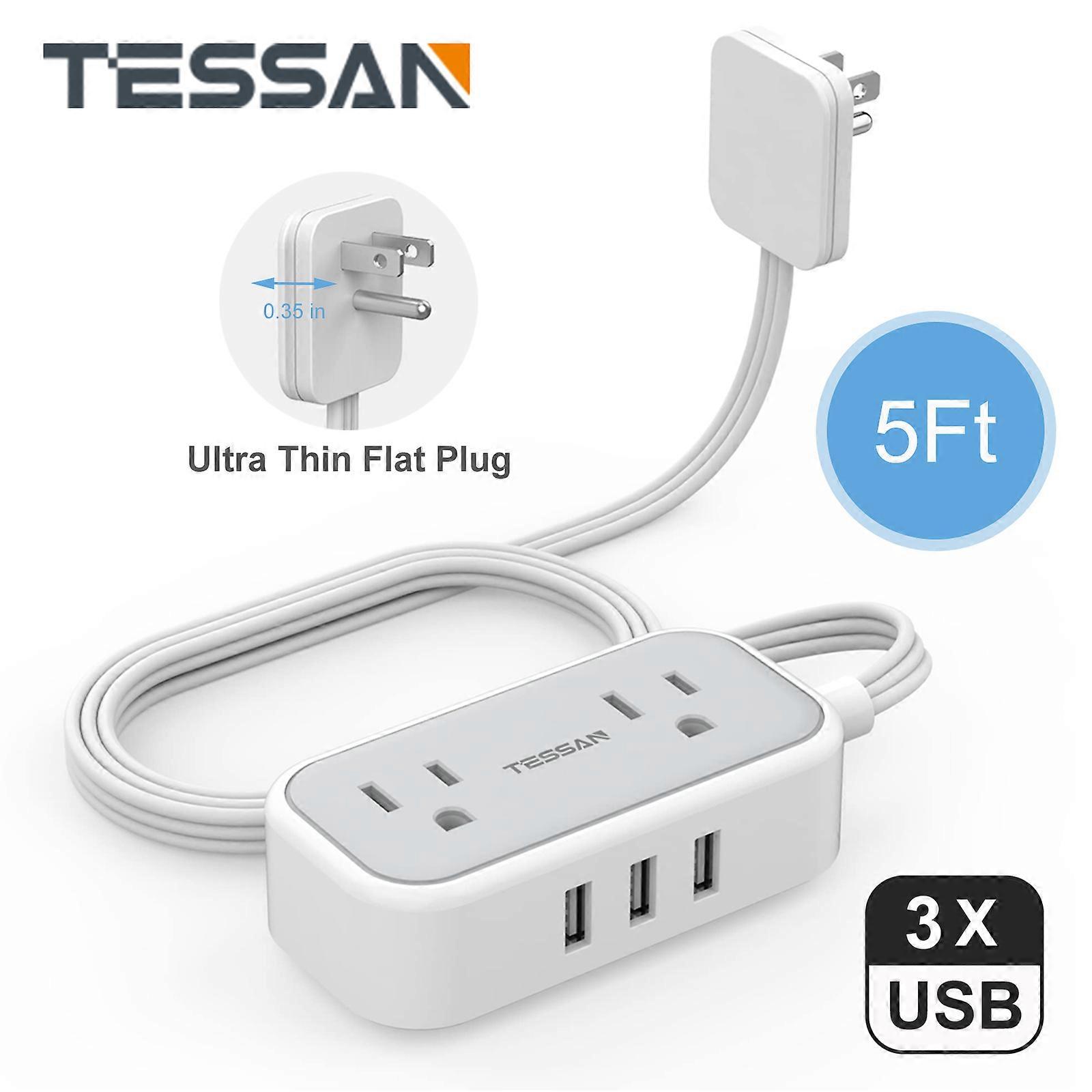 TESSAN - Ultra Slim Flat Power Bar, with 2 AC Outlets and 3 USB Ports, Mini Power Bar with 1.5m/5ft Extension Cord, for Home