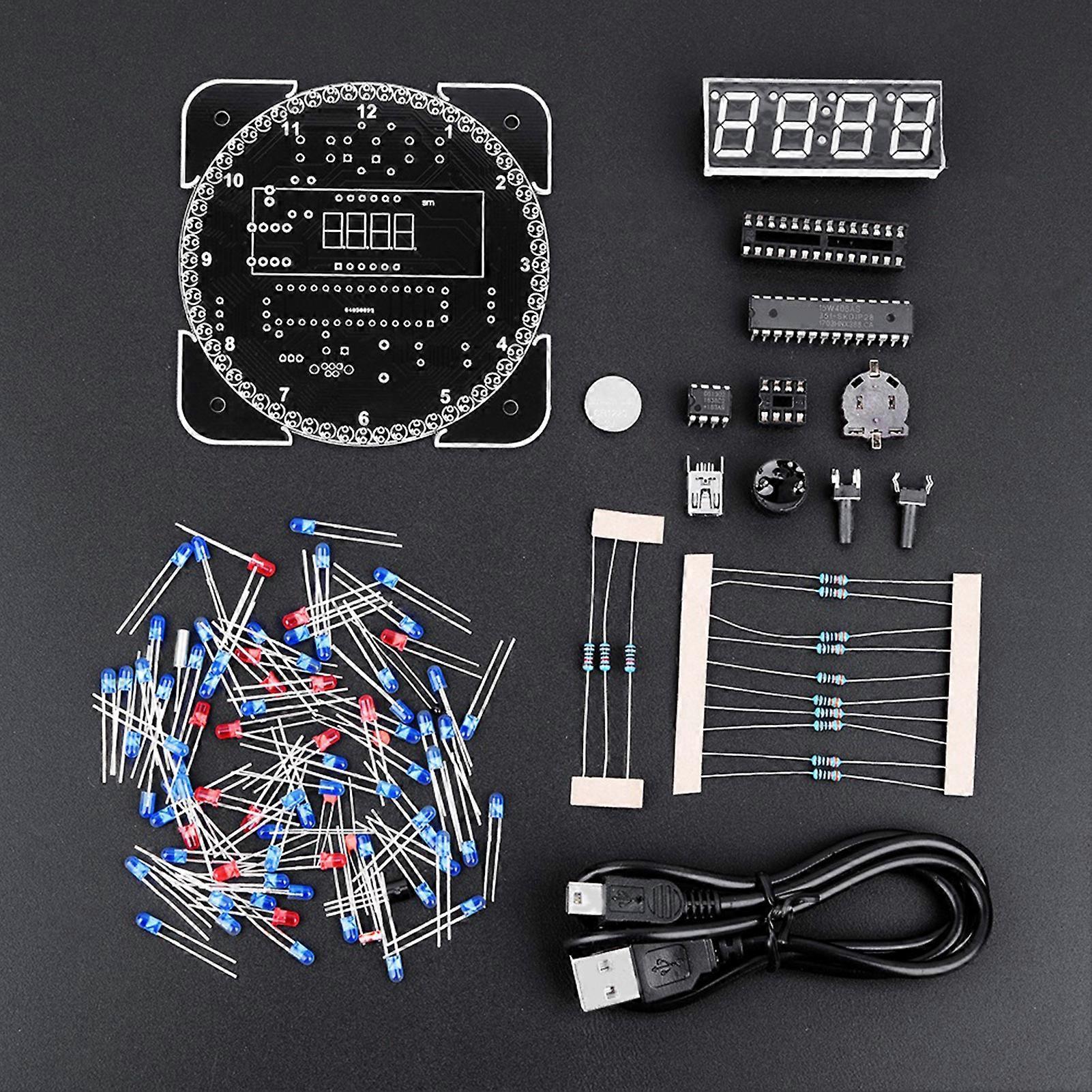 DIY Light Control Rotation Digital LED Electronic Temperature Clock Kit Suite W/USB Cable Blue