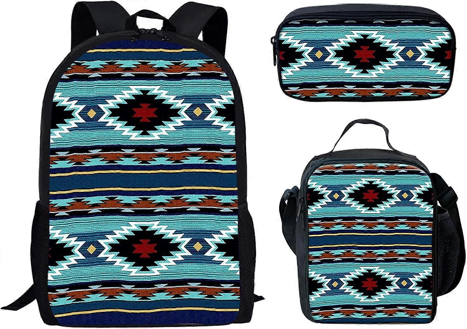 حقيبة ظهر مطبوعة من الأزتك الأصلية في إفريقيا للسفر المدرسي مع حقيبة غداء وحقيبة قلم رصاص ، طقم حقيبة ظهر للأطفال 3 في 1 للأولاد والبنات