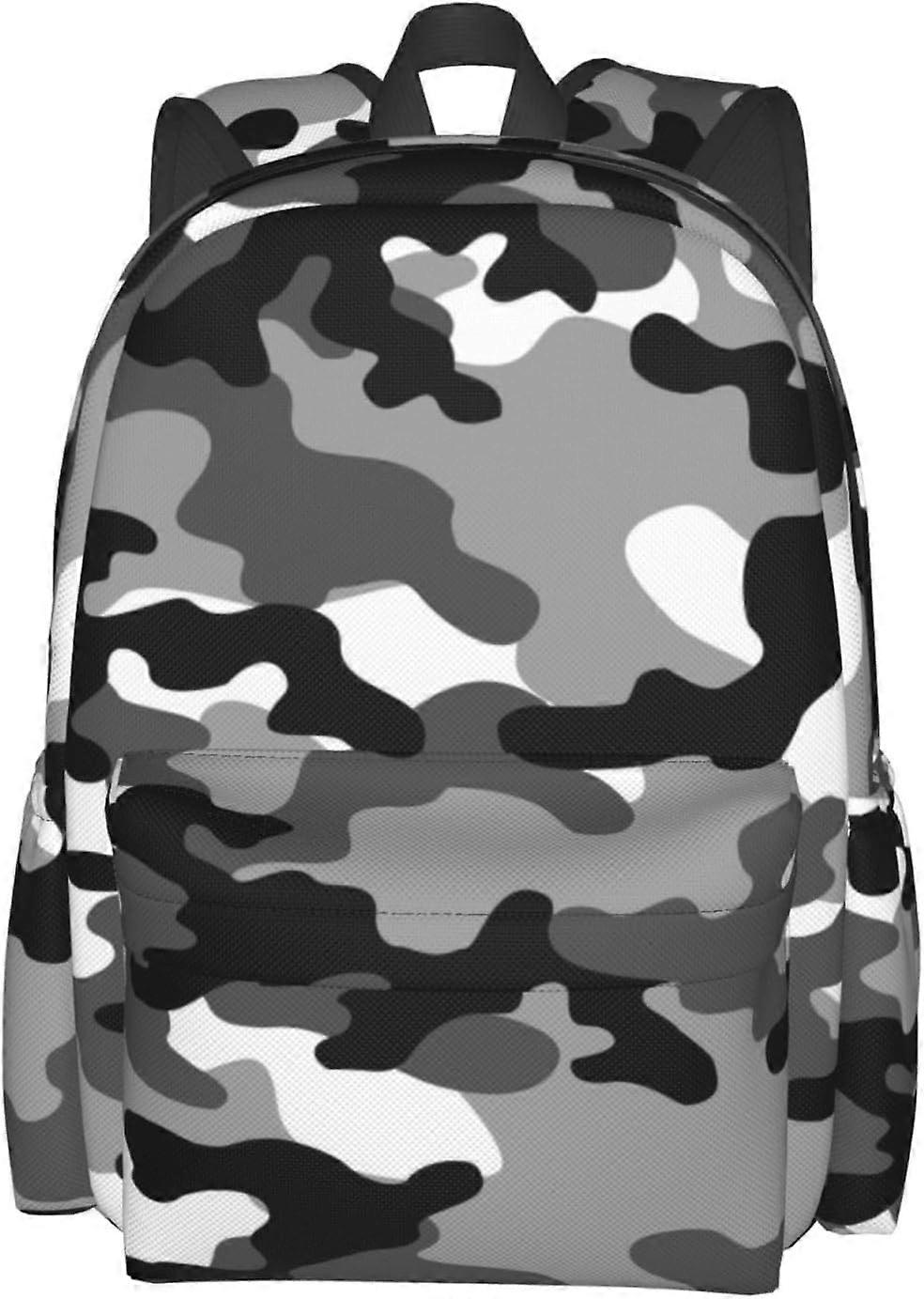 スクールバックパックブラックホワイトカモフラージュカジュアルデイパックメンズレディースポリエステルラップトップバッグサイドポケット付き旅行ハイキングワーク学生オーブ用ブックバッグ